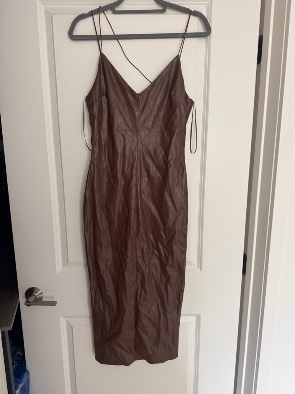 Sleek Brown Faux-Leather Slip Midi Dress with Spaghetti Straps